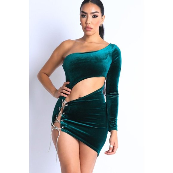 Women's Rhinestone Drawstring One Shoulder Dress Sexy Mini Party Club Dress - Picture 8 of 9